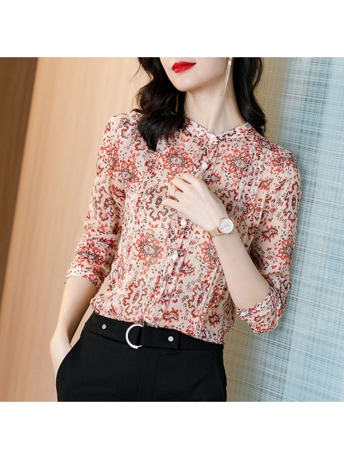 Sand washed silk printed shirt with versatile femi...