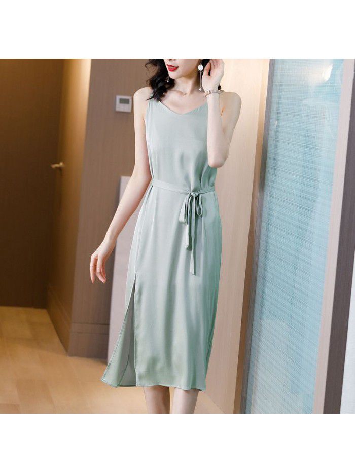 Light mature style dress summer  new style waist close show thin temperament broad lady fashion V-neck pink solid color skirt 