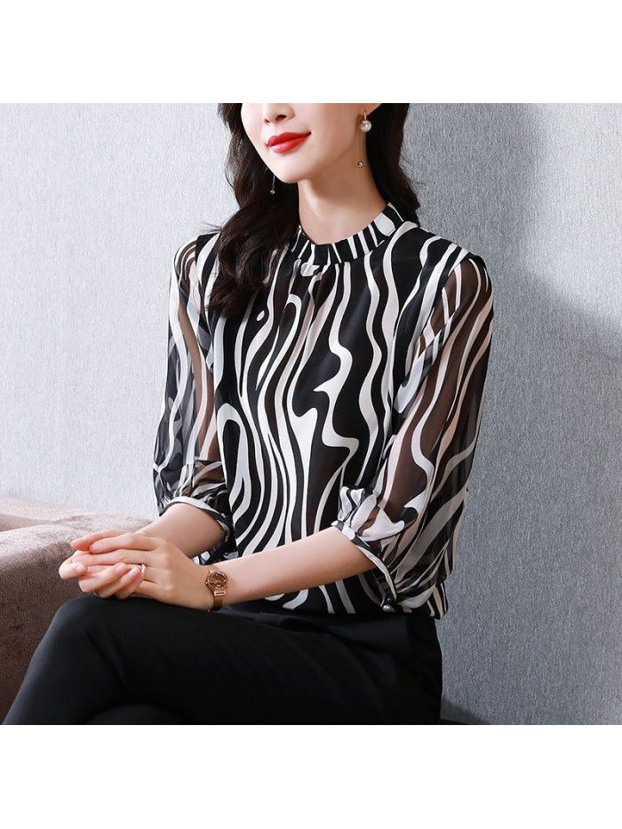 Zebra pattern silk shirt women's  summer new stand collar versatile silk shirt loose top women's wear 