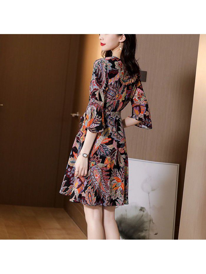 Silk print dress women's  summer new elegant temperament mulberry silk medium length waist A-line skirt 