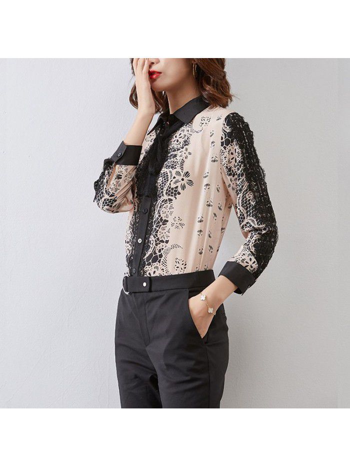 Silk shirt women's  spring new style temperament slim lace embroidery silk French blouse women's wear 