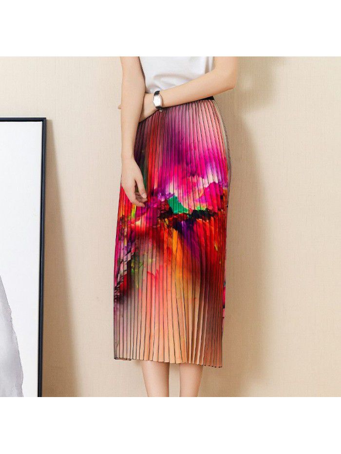 Beach Swing Skirt  summer new abstract pattern high waist drape pleated medium length skirt  Beach Swing Skirt  summer new abstract pattern high waist drape pleated medium length skirt