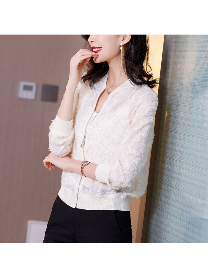 Lace Baseball Jacket Women's spring and summer  new thin embroidered sunscreen shirt women's long sleeve loose cardigan 