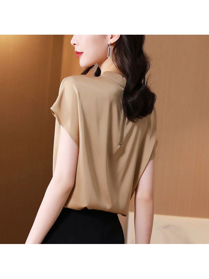 Silk shirt fan top female short sleeve  new loose T-shirt fashion foreign pure color mulberry silk shirt 