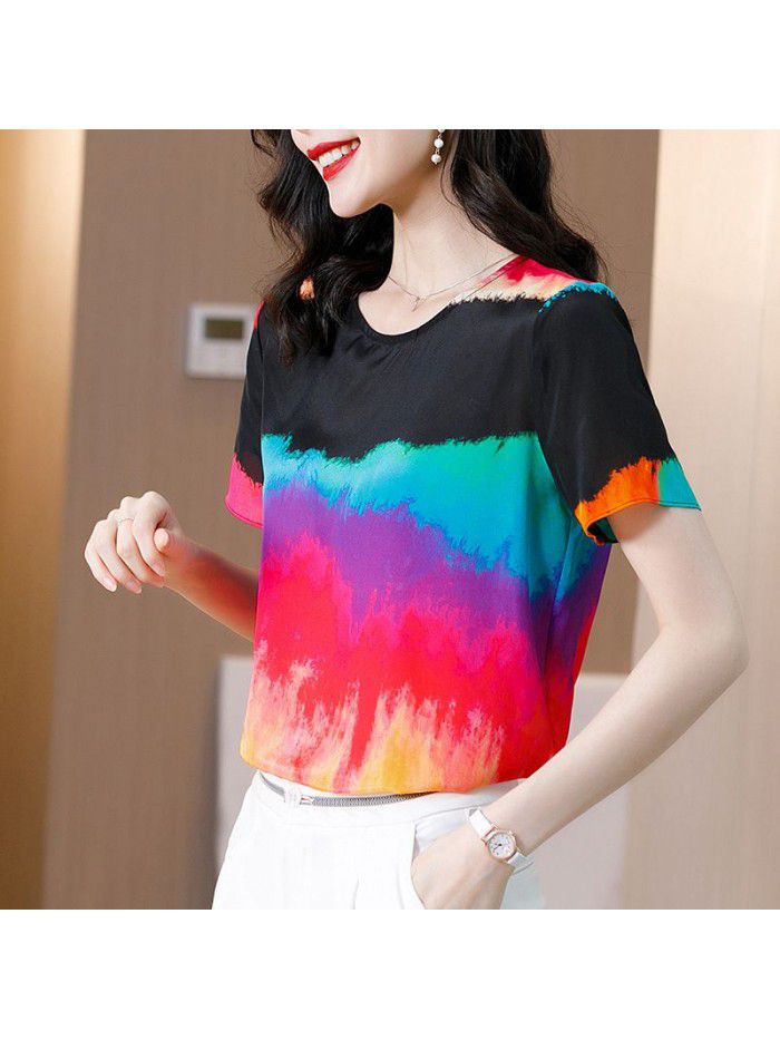 Silk graffiti T-shirt women's  summer new casual top Hong Kong Style loose short sleeve mulberry silk top 