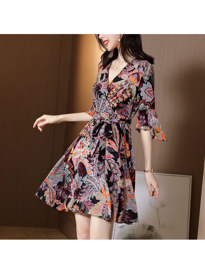 Silk print dress women's  summer new elegant temperament mulberry silk medium length waist A-line skirt 