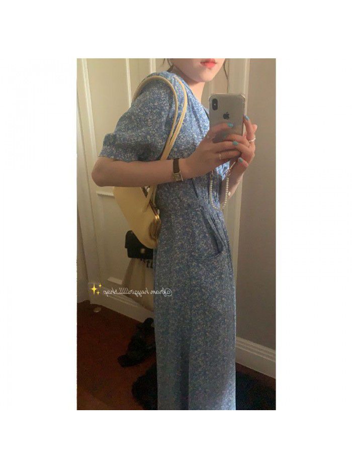 Korean Miss romantic waist V-neck Retro Blue Floral dress women's summer temperament slim dress 