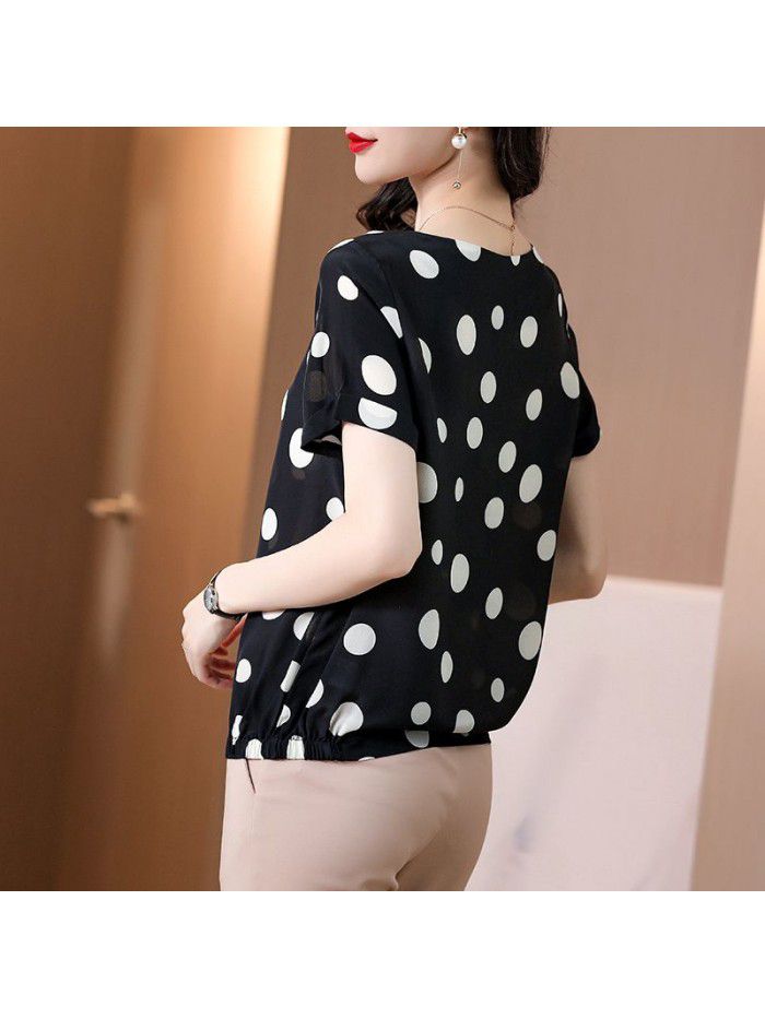 Silk short sleeve T-shirt  summer new French minority retro wave point casual versatile round neck top women's wear 