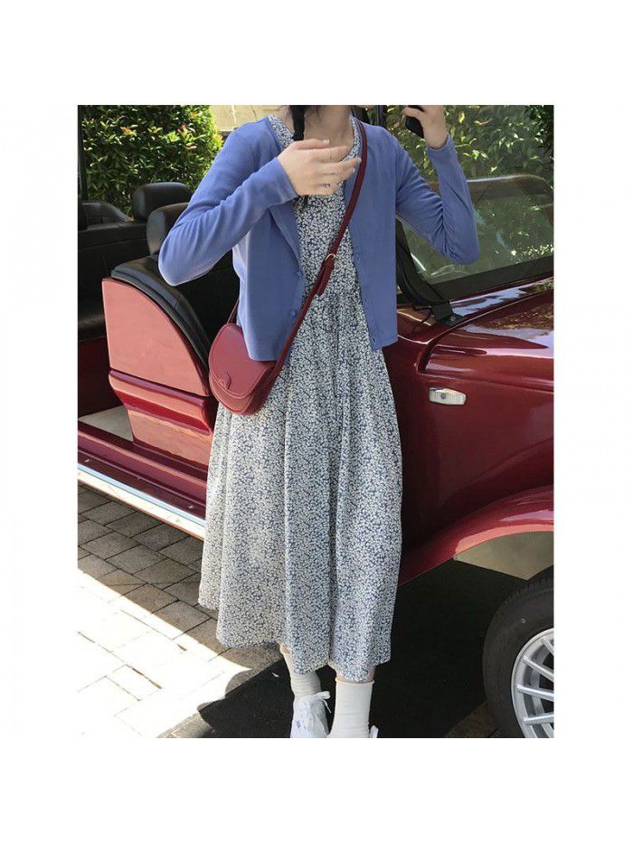 Retro small floral short sleeve dress French small high waist skirt A-line medium length dress  Korean version 