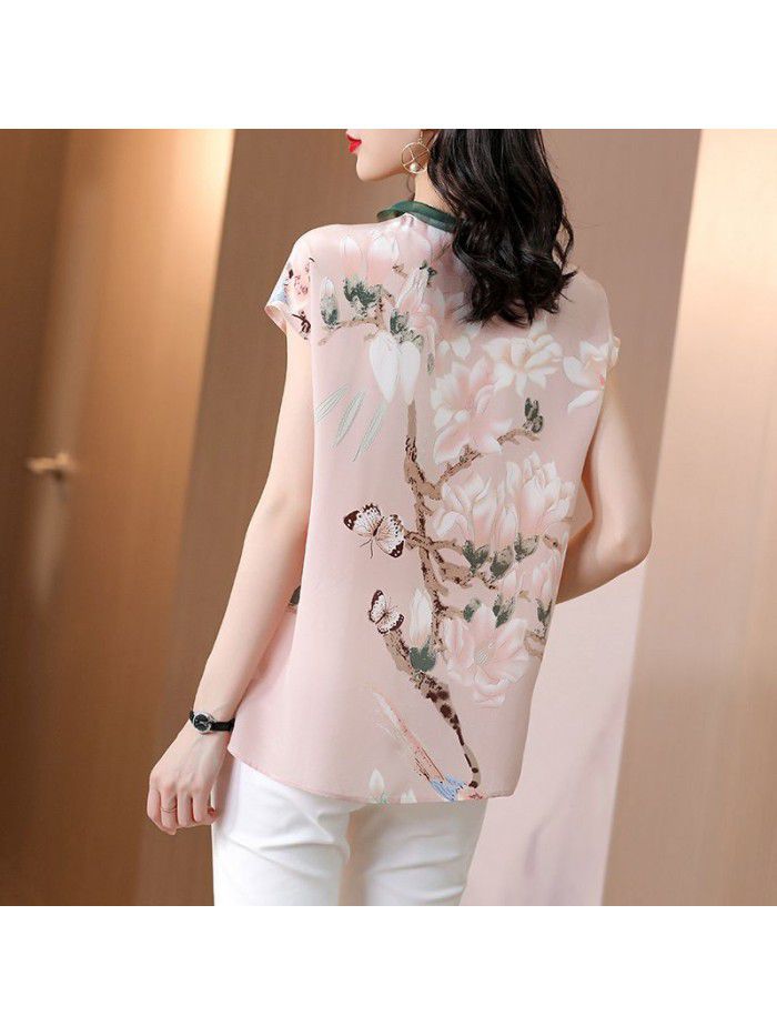 Xianqi silk top women's  summer new retro foreign style slim shirt mulberry silk floral short sleeve shirt 