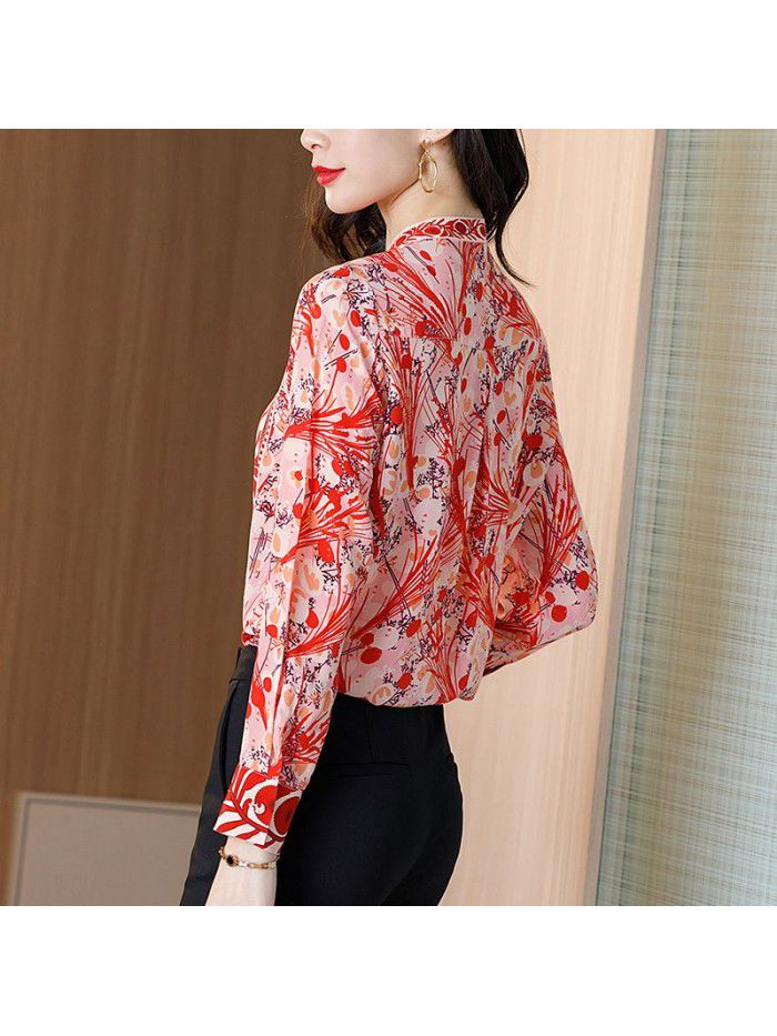 Silk shirt women's long sleeve high end  spring dress new fashion loose retro printing temperament mulberry silk top 