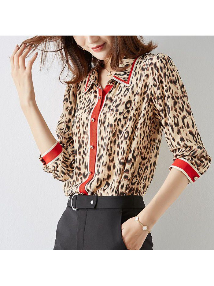 spring new heavy silk shirt women's long sleeve fashion Leopard Print Shirt shows thin temperament mulberry silk top 
