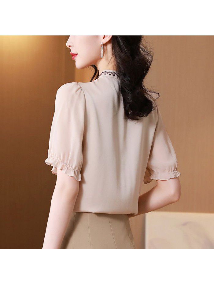 Heavy silk shirt summer  new fashion women's lace embroidery high end silk apricot short sleeve shirt 