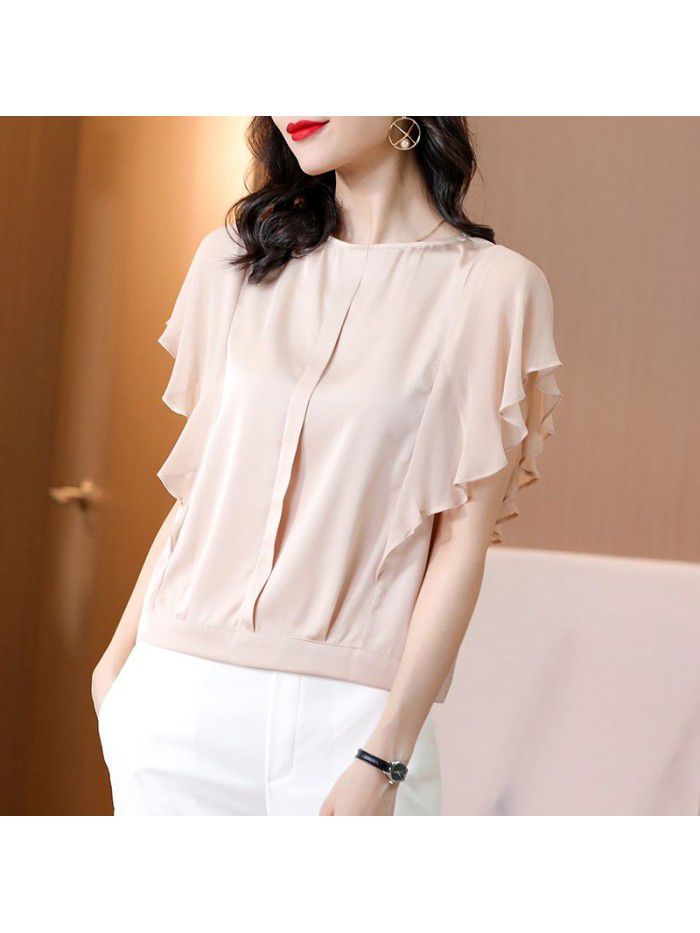 Silk blouse women's foreign style new summer dress  summer women's bat sleeve loose Fashion Top short sleeve fashion 