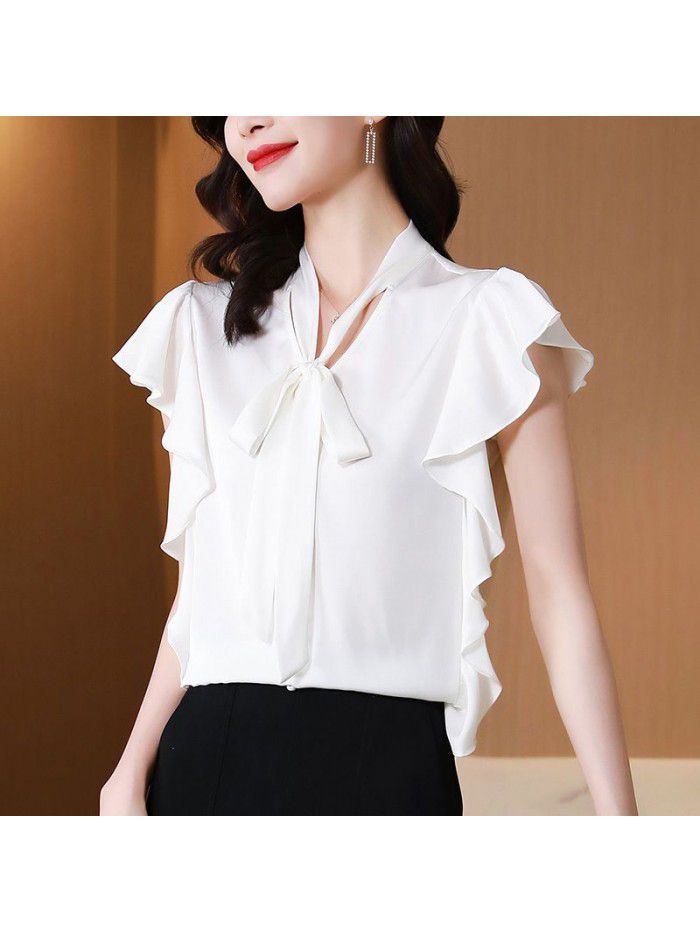 White silk shirt women's summer dress  new lady temperament loose Ruffle short sleeve mulberry silk shirt 