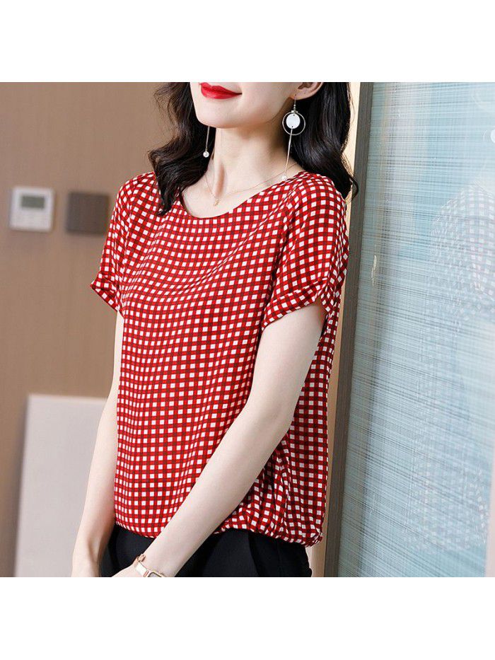 Heavy silk Plaid T-shirt women's summer  new casual silk shirt temperament slim loose top 