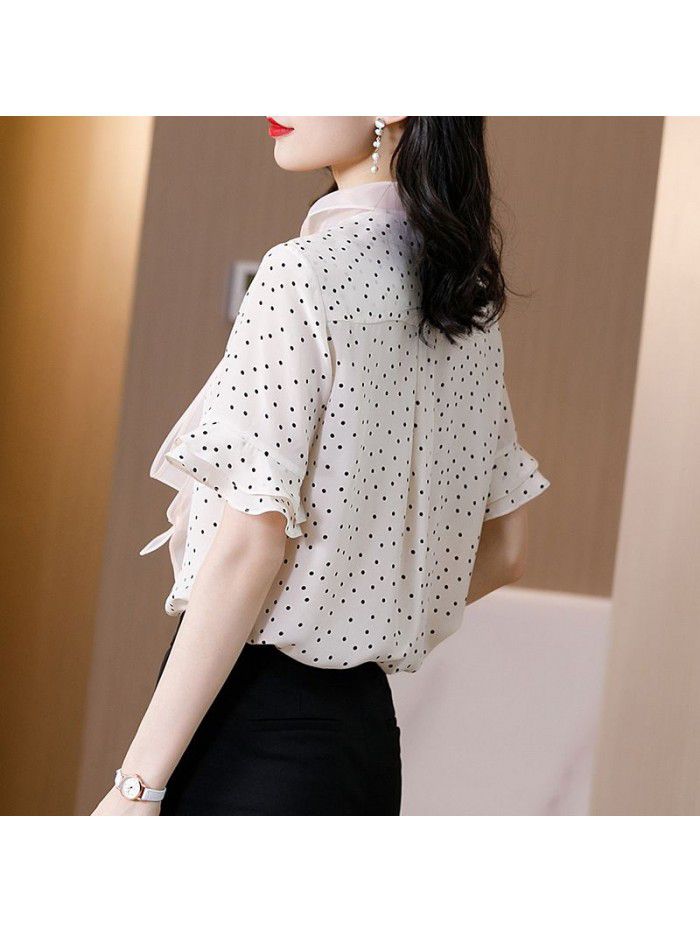 Women's design sense of silk shirt niche new wave dot short sleeve Organza collar mulberry silk top in summer  