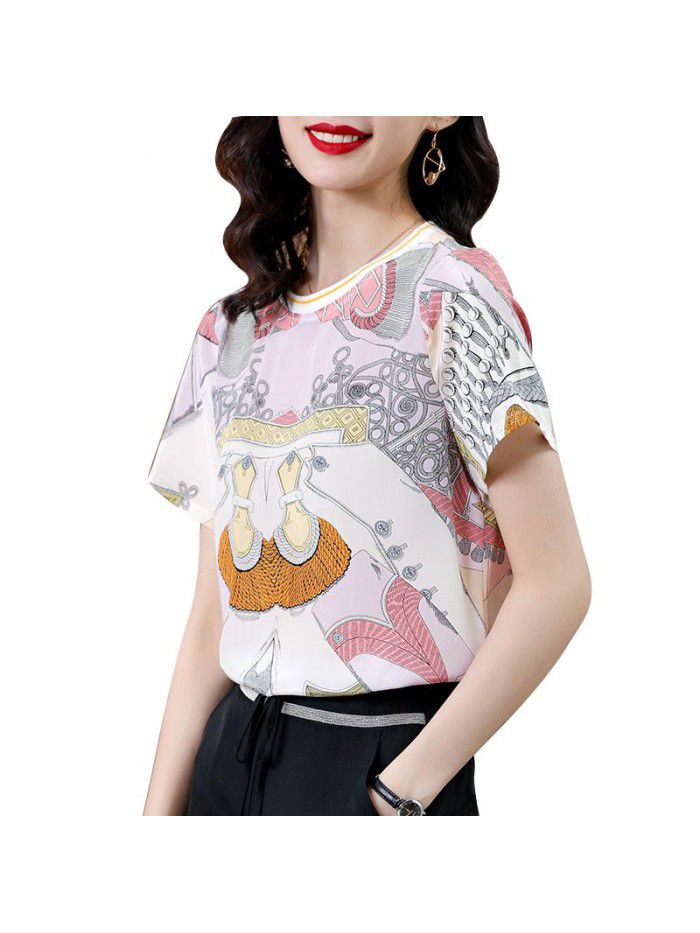 Silk shirt female  summer new short sleeve T-shirt round neck loose and thin casual silk top 