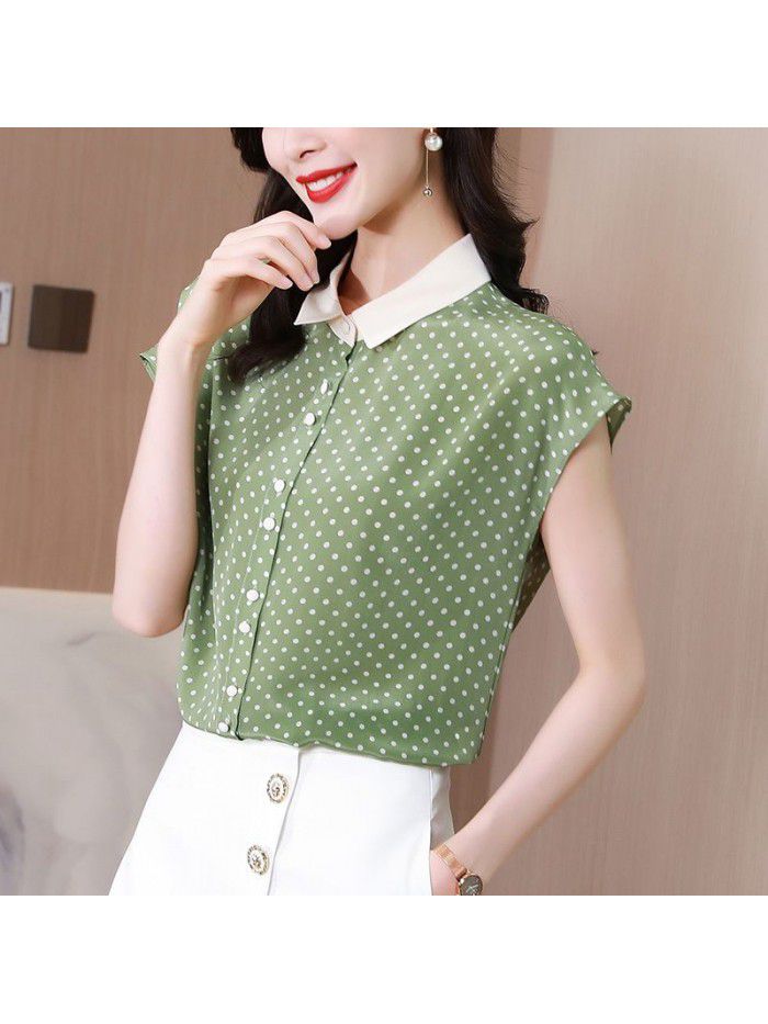 Silk polka dot print top French Shirt Short Sleeve  summer new style color contrast mulberry silk shirt 