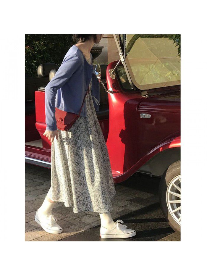 Retro small floral short sleeve dress French small high waist skirt A-line medium length dress  Korean version 