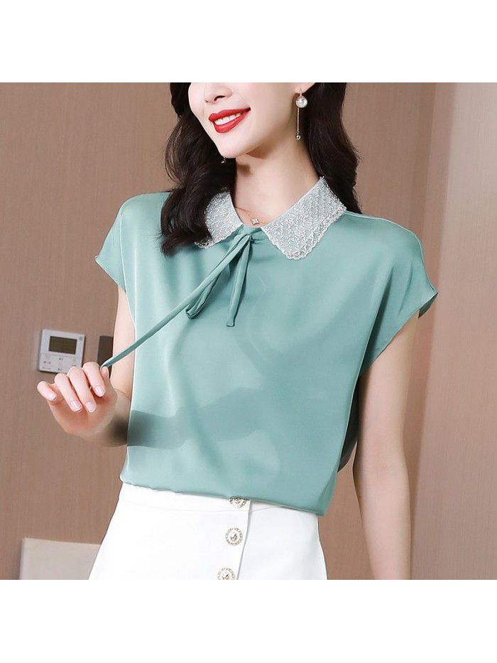 Heavyweight silk shirt advanced short sleeve women's  summer new foreign style loose Satin Silk Top 