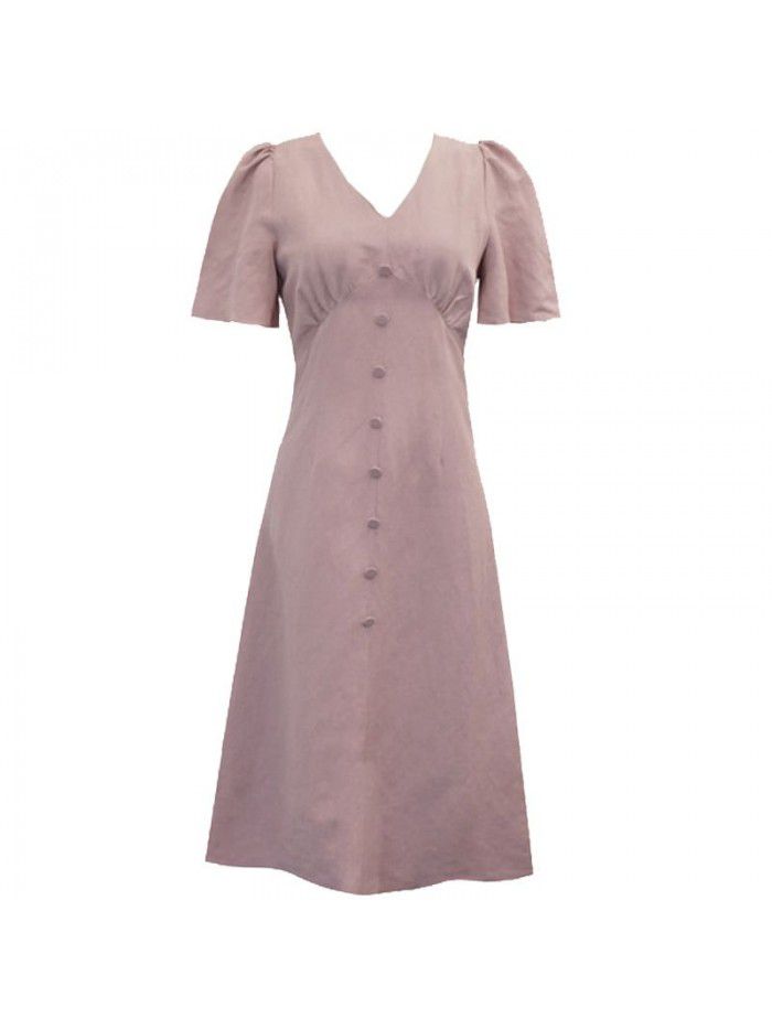 Korean V-neck Platycodon grandiflorum dress with slim waist 