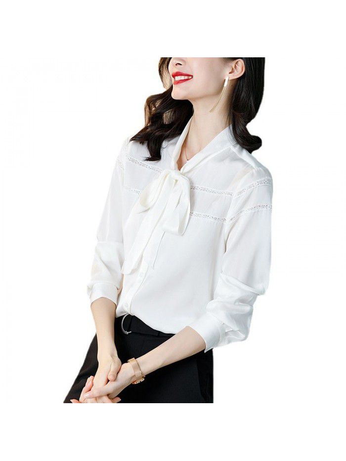 White silk shirt women's long sleeve  spring and autumn new loose solid color lace casual silk women's top 