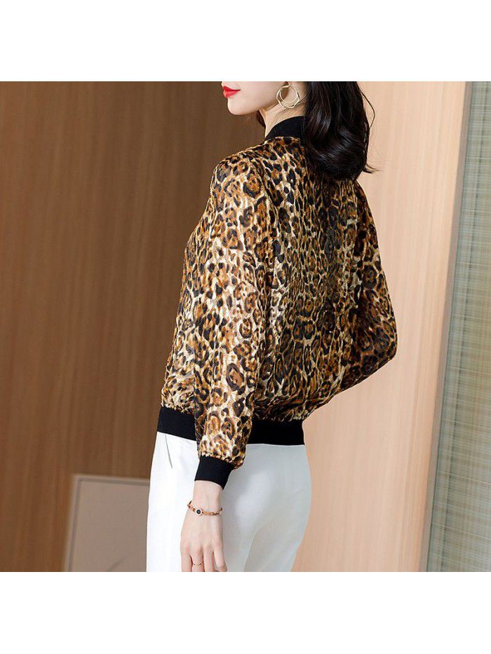 Silk long sleeve loose leopard baseball uniform women's wear 