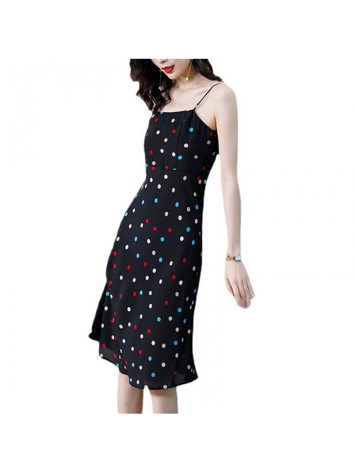 Silk suspender skirt  summer new women's wear color wave spot seaside tourism silk dress long skirt women's dress 