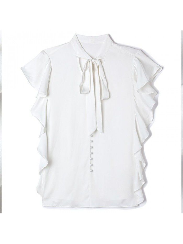 White silk shirt women's summer dress  new lady temperament loose Ruffle short sleeve mulberry silk shirt 