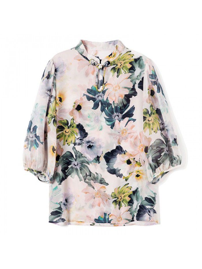 Heavyweight silk shirt mid sleeve  summer new style design sense minority temperament mulberry silk floral top 