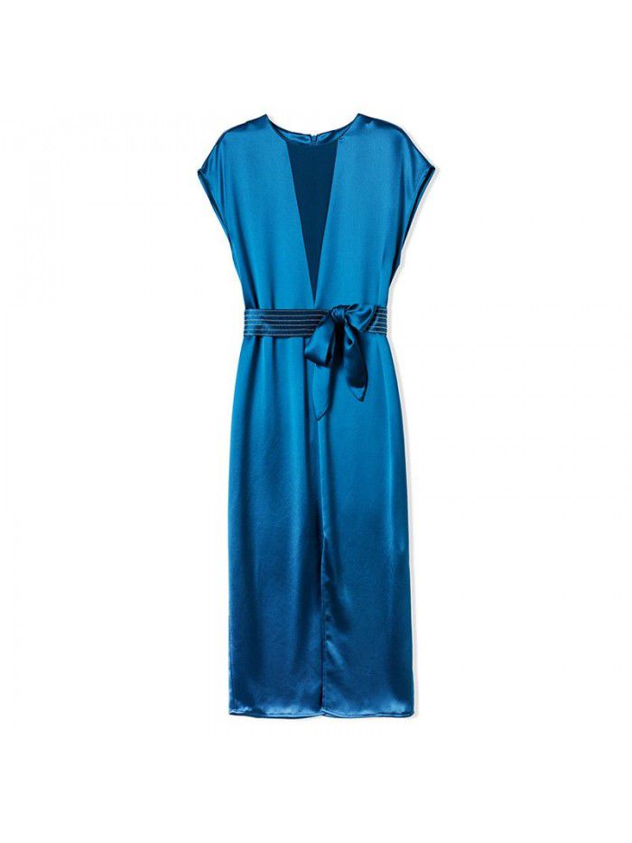 Blue triacetic acid satin dress women's summer dress new French temperament waist light luxury fashion split one step skirt  Blue triacetic acid satin dress women's summer dress new French temperament waist light luxury fashion split one step skirt