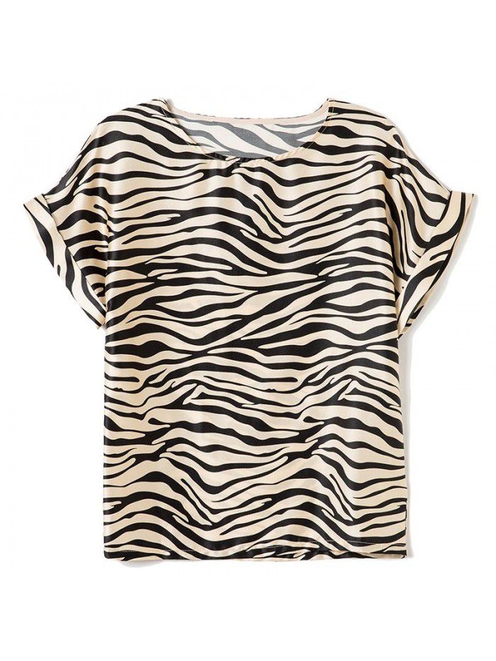 Zebra pattern Short Sleeve Silk T-shirt women's new summer T-shirt loose design minority Stretch Satin shirt light ripe 