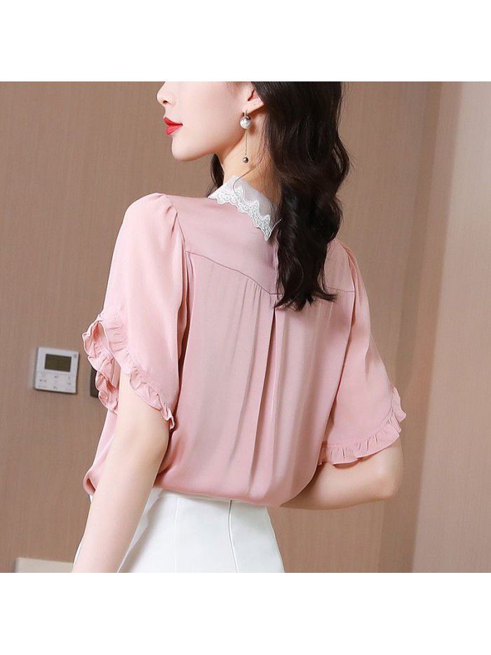 Heavy industry embroidery baby collar Short Sleeve Silk Shirt women's new slim and versatile mulberry silk top in  summer 