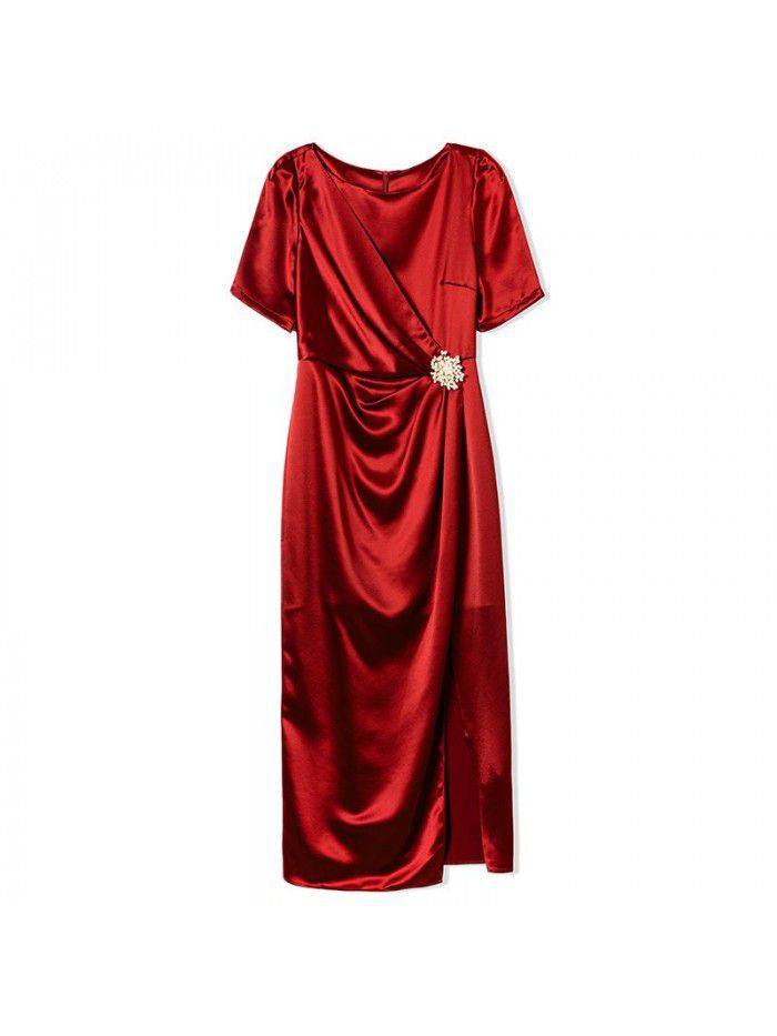 Acetic acid satin dress women's summer  women's new high end celebrity temperament red dress long skirt  Acetic acid satin dress women's summer  women's new high end celebrity temperament red dress long skirt