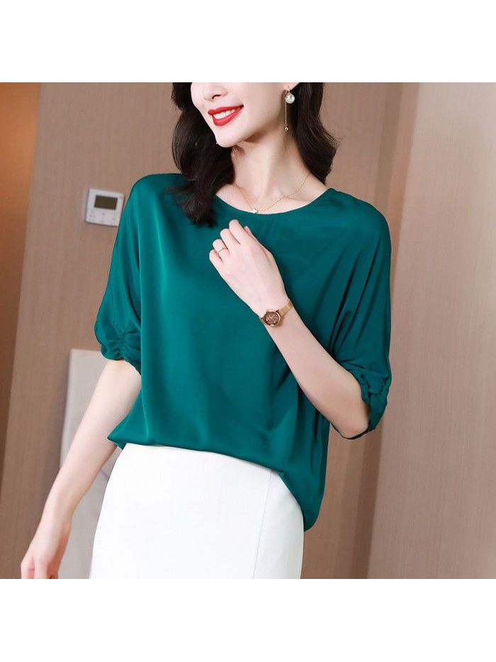 Satin glossy French silk shirt women's short sleeve round neck silk blouse 