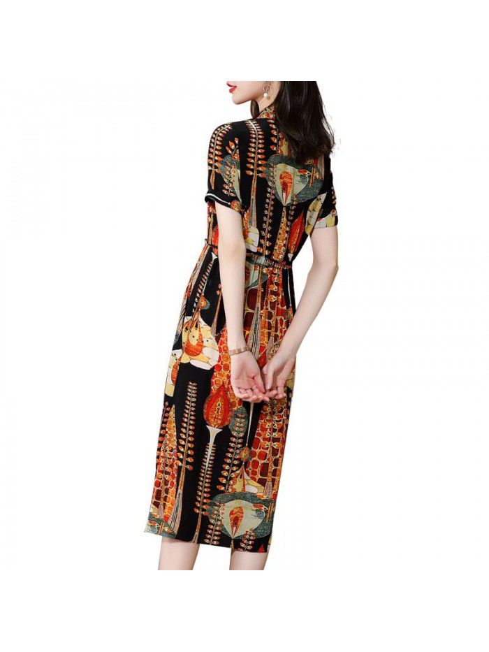 Silk dress medium length  early spring new summer dress V-neck waist slim print large long skirt 