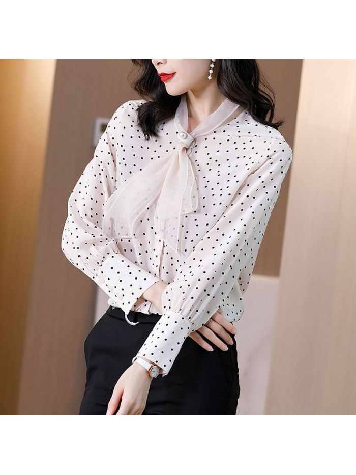 Women's design sense of silk shirt niche spring and summer  new wave dot long sleeve top nailed with pearl mulberry silk 