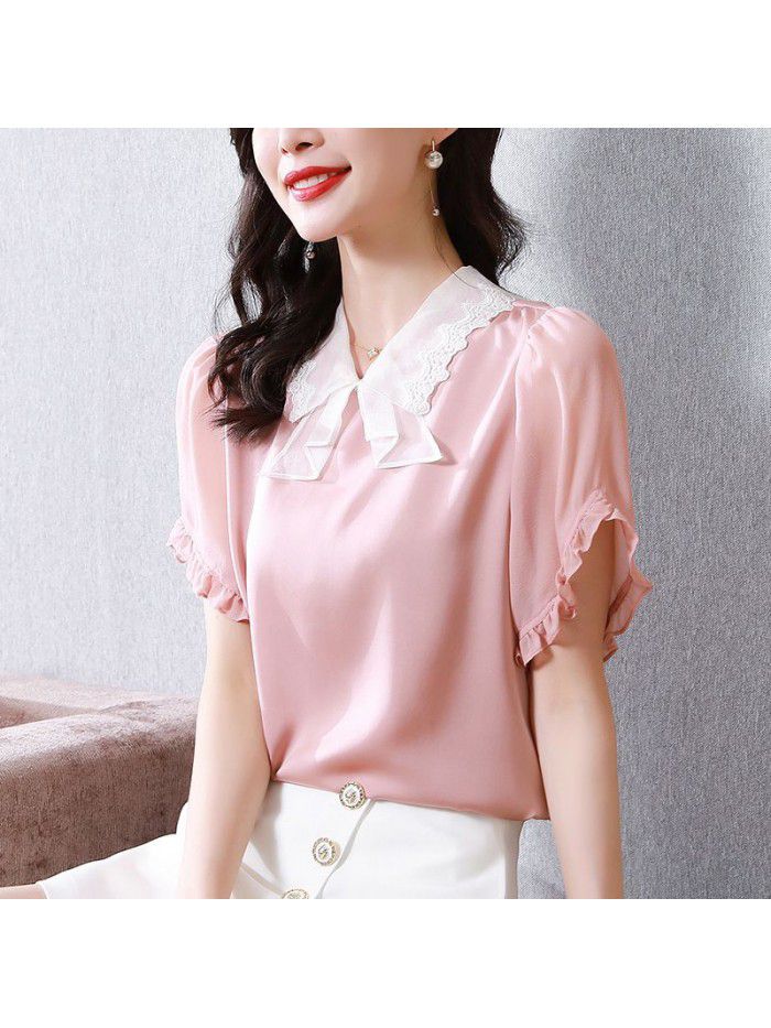 Heavy industry embroidery baby collar Short Sleeve Silk Shirt women's new slim and versatile mulberry silk top in  summer 