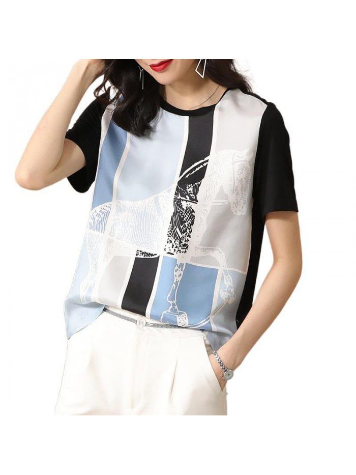 Silk silk short sleeve t-shirt female modal T-shirt  summer new printing fashion loose top 