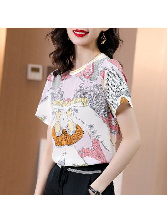 Silk shirt female  summer new short sleeve T-shirt round neck loose and thin casual silk top 