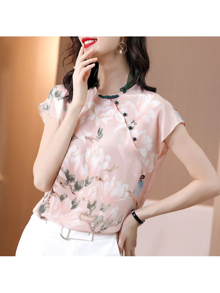 Xianqi silk top women's  summer new retro foreign style slim shirt mulberry silk floral short sleeve shirt 