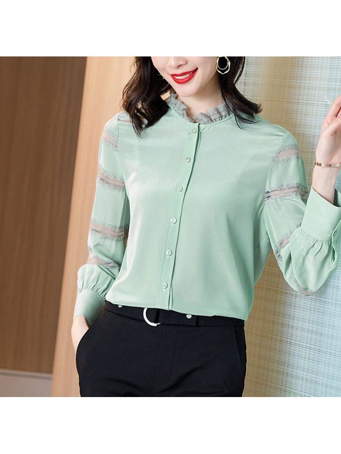 spring new style foreign style top minority lace split sleeve stand collar splicing silk shirt female mulberry silk shirt 