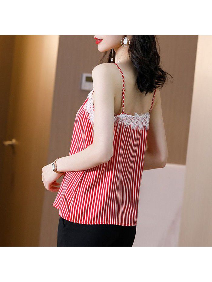 Red striped silk suspender backing  new casual and versatile, sexy V-neck silk vest for women 