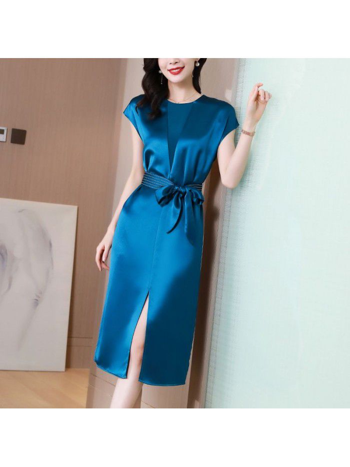 Blue triacetic acid satin dress women's summer dress new French temperament waist light luxury fashion split one step skirt  Blue triacetic acid satin dress women's summer dress new French temperament waist light luxury fashion split one step skirt