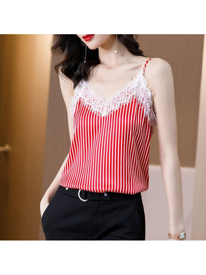 Red striped silk suspender backing  new casual and versatile, sexy V-neck silk vest for women 