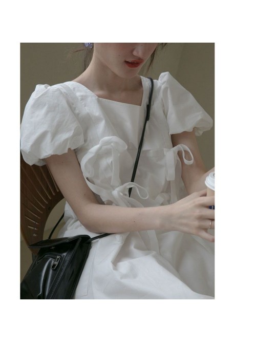Net red bubble sleeve dress women's summer  n...