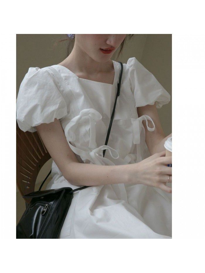Net red bubble sleeve dress women's summer  new French square neck loose and thin ribbon skirt 