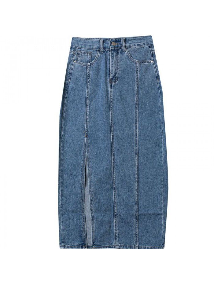 Retro side split denim skirt women's mid length  summer high waist thin, hip long skirt can be replaced 