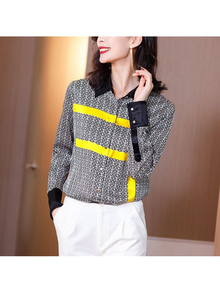 Heavy weight satin silk shirt women's long sleeve  spring new color contrast western style loose top Plaid Shirt 
